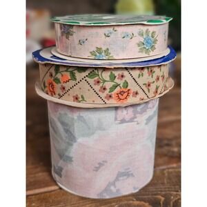 Vtg Ribbon Berwick Offray Fabric spool 3 Lot shabby chic Floral Craft cottage